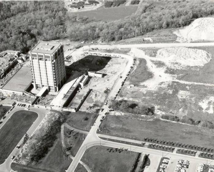 Historic aerial view of Brock University's beginnings, marking the early days of its legacy.